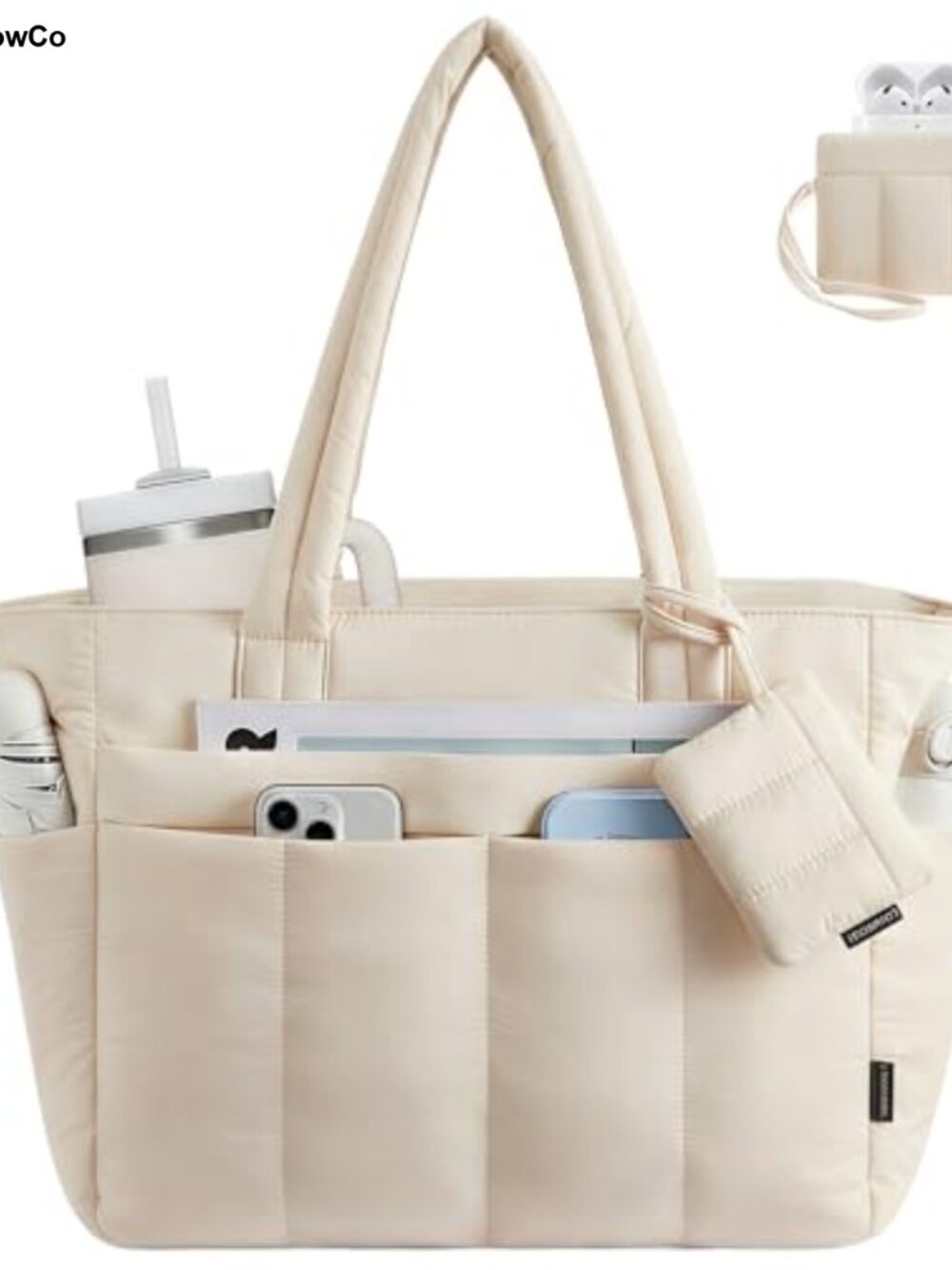Puffer Tote Bag Quilted Lightweight 15.6" Laptop Work Bag with Zipper
